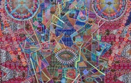 <p>Labyrinth, 84" x 60" Acrylic, Pins, Photo Collage and String on Canvas. 2018.</p>