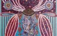 <p>"A Tangled Web" 72" x 72" 2019.&nbsp; Acrylic, Pins, Nails, Photo Collage, String and Yarn on Canvas.</p>